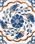 Decorative Persian tile with blue and red flowers on a white background