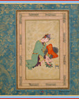 Traditional design with a person in a green and red outfit on a blue-green floral background