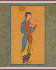 Traditional Persian design of a person in blue and red attire against a decorative background