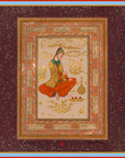 Decorative design with a woman in traditional attire on a purple background