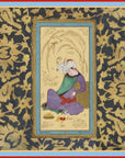 Miniature painting of a person in traditional attire with intricate patterns on a decorative border